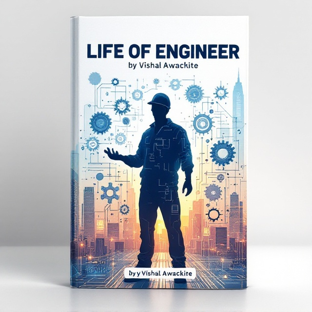 A central illustration of an engineer in silhouette, holding a wrench in one hand and a glowing circuit board in the other. Surrounding the figure are a dynamic array of transparent and overlapping gears, circuit patterns, and lines that resemble blueprints, all symbolizing innovation and technical growth. The background features a gradient of white fading into a faint skyline of tall skyscrapers and digital screens with a futuristic glow.