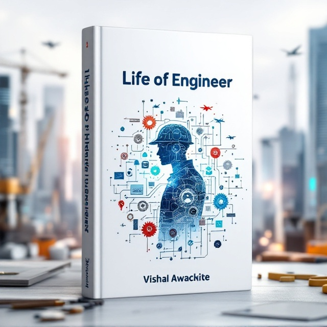 A central illustration of a determined engineer at work, with their silhouette surrounded by a glowing network of gears, circuits, and digital screens. A futuristic cityscape in the background with towering skyscrapers, cranes in action, aircrafts, and drones flying above. The scene's foreground includes tools, machinery, and an open laptop, symbolizing engineering disciplines. A gradient white background transitions subtly to metallic blue and silver tones, creating a sense of innovation and inspiration. The engineer is placed slightly to the left, with dynamic light beams radiating outward.