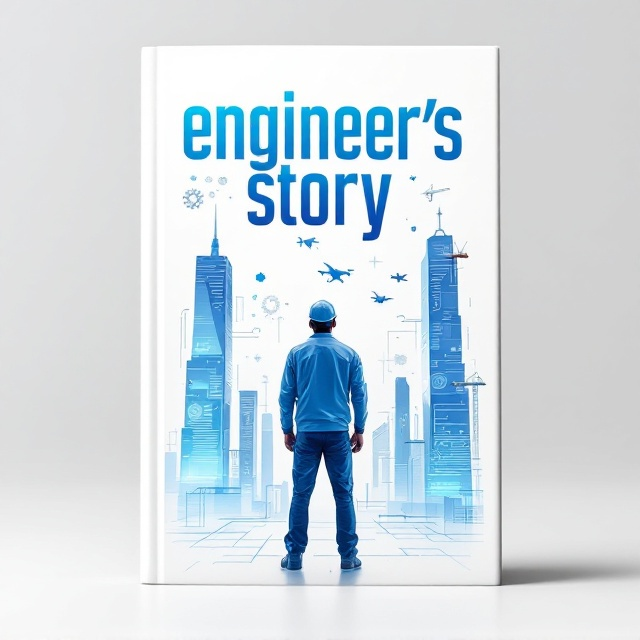 An illustrated engineer stands at the center of the cover facing tall, futuristic skyscrapers in the background. The engineer is surrounded by floating holographic projections showcasing gears, circuits, drones, and technological tools, creating a sense of innovation. Subtle blueprints and circuit patterns blend into the white background, adding depth. A crane and an aircraft hover in the distance to symbolize progress and ambition.