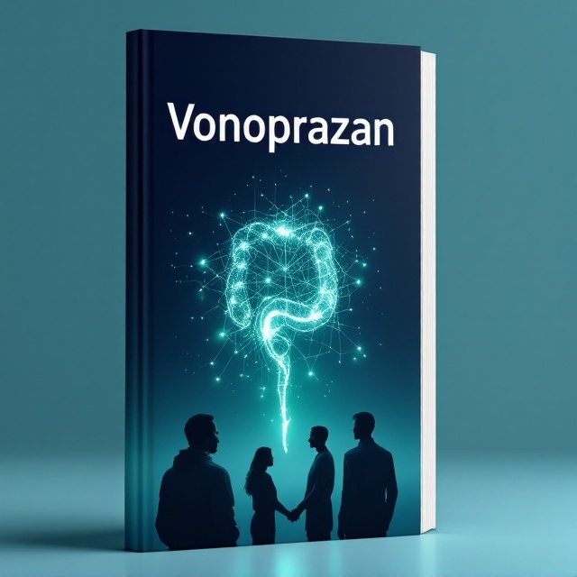 The cover features a clean, modern design. In the center, a glowing three-dimensional molecule structure of Vonoprazan is prominently displayed, subtly blending into a digital rendering of gastrointestinal anatomy in a soft blue-green gradient. Patients, represented as silhouettes, are visually positioned at the lower part of the cover, seemingly looking up toward the molecule and anatomical graphics. The background has a seamless transition from dark navy to soft teal, symbolizing scientific discovery and healing.
