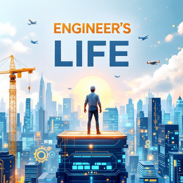 A dynamic illustration of an engineer standing on a futuristic skyscraper rooftop, surrounded by an array of glowing digital screens, gears, tools, and circuit designs floating in the background. A crane and a drone hover in the sky, with a digitally rendered cityscape filled with towering skyscrapers and aircrafts in the distance. All elements subtly blend into a soft white background with accents of metallic silver and light blue.
