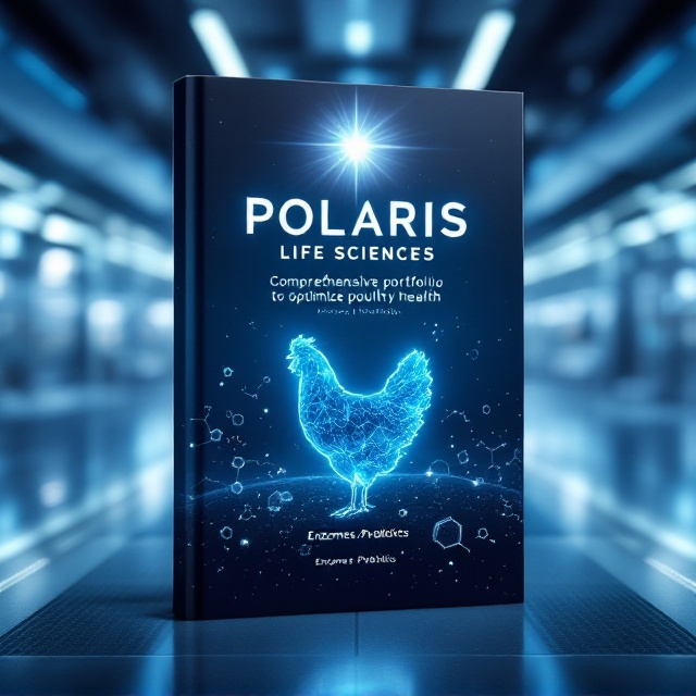 A futuristic landscape with a clean, high-tech laboratory environment in the background. The centerpiece is a bold, glowing Polaris star shining in the upper portion of the cover. Below the star, there are stylized illustrations of a carefully rendered poultry outline overlaid with molecular structures, enzymes, and probiotics in subtle, glowing accents. The color scheme is dominated by cool, sleek tones—deep blues, silvers, and whites—to convey a scientific precision, with subtle gradients and light effects for depth.