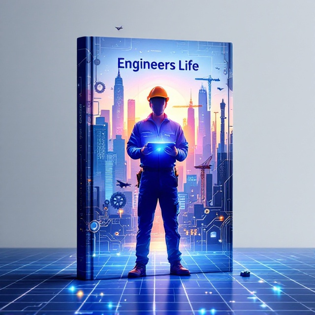 The cover features a digital illustration of an engineer standing on a blueprint-like grid background. The engineer is holding a wrench in one hand and a tablet with glowing circuits in the other. Overhead, a futuristic city skyline with towering skyscrapers, cranes, drones, and aircraft fills the upper portion of the cover. To the left and right, gears and circuit patterns subtly blend into the edge of the design, giving a technical and modern feel. The ground beneath the engineer has scattered tools, wires, and small glowing components, symbolizing the engineer’s connection to technology. A light halo effect surrounds the figure to signify inspiration and hope.