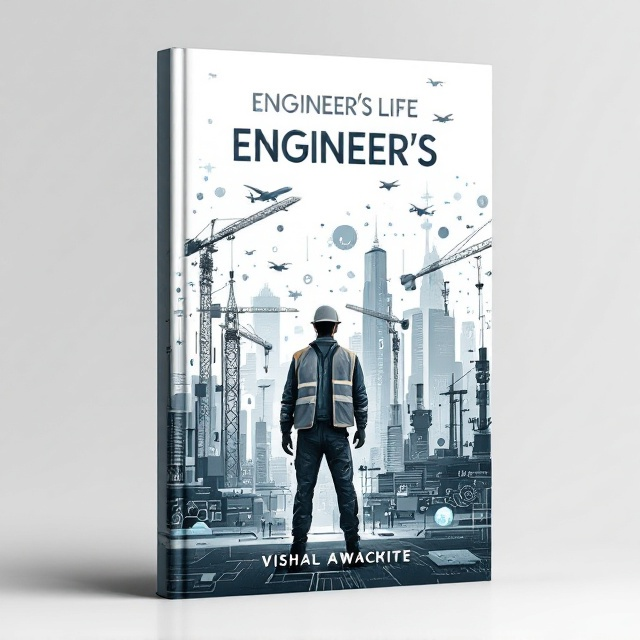 The book cover showcases a striking illustration of a motivated engineer standing prominently in the foreground, with skyscrapers, cranes, and aircrafts forming the background. Surrounding the engineer are elements of gears, circuits, drones, and machines, seamlessly blending traditional engineering tools with modern technological symbols like digital screens. The backdrop is white, with subtle gray and blue tones adding depth, symbolizing struggle and advancement.