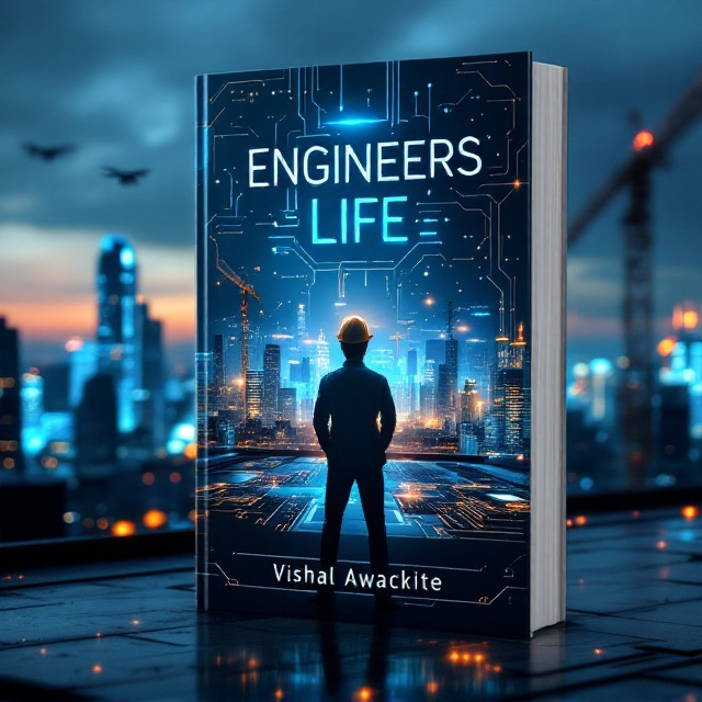 The cover features a silhouette of an engineer wearing a hard hat standing on a rooftop at dusk, overlooking a futuristic city skyline filled with tall skyscrapers and cranes. The backdrop showcases illuminated digital screens, drones in motion, circuits, and gear patterns subtly glowing in the background. In the foreground, there’s a sleek metallic representation of gears and a circuit board intertwined, creating a dynamic feel of innovation and struggle.