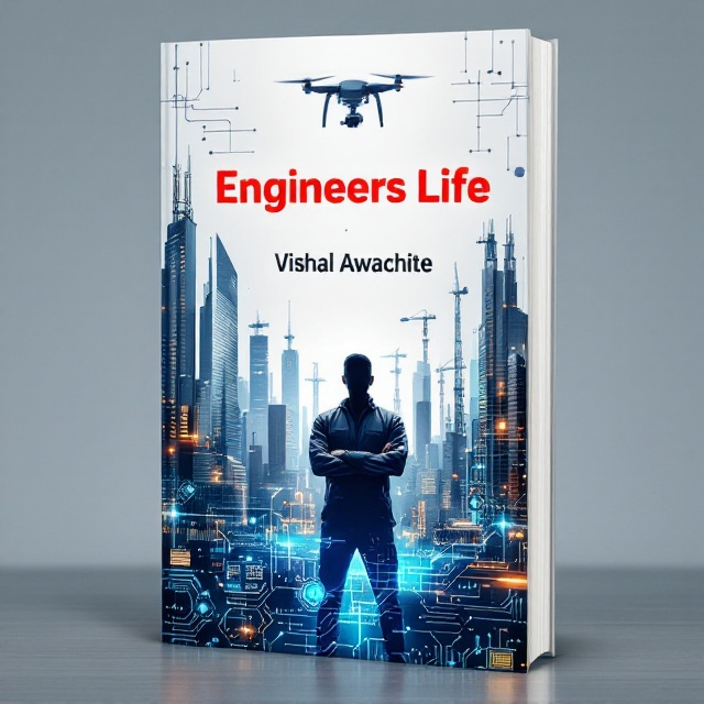 The cover features a dynamic montage. On the top half, a sleek modern drone soars against a backdrop of tall, futuristic skyscrapers and cranes. The bottom half showcases interwoven elements of engineering—gears, computer circuits, digital screens displaying data, and tools such as a wrench and caliper. In the middle, an engineer in silhouette stands confidently with arms crossed against the glowing skyline, symbolizing motivation and resilience. The overall color palette heavily relies on white as the primary background, contrasted with metallic blues and silvers representing the tech world, accented with hints of orange for warmth and energy.