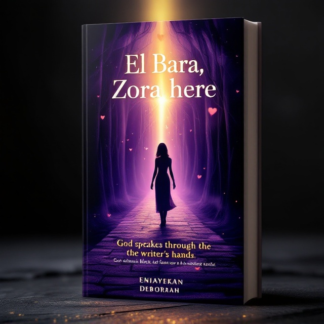 A lone female figure is depicted on a surreal, glowing pathway that leads toward a radiant golden light in the horizon, symbolizing divine inspiration. Her posture is upright and strong, suggesting resilience even though her surroundings are dark, shadowy, and maze-like, symbolizing struggle and mental block. Purple mist swirls around her, representing creativity and emotion, with streaks of white cutting through, portraying divine hope. Abstract imagery of delicate, ghostly quills and broken hearts float around her, narrating the story of writer's block and romantic hardship. The title glows in gold above her head, framed by soft, ethereal streaks.