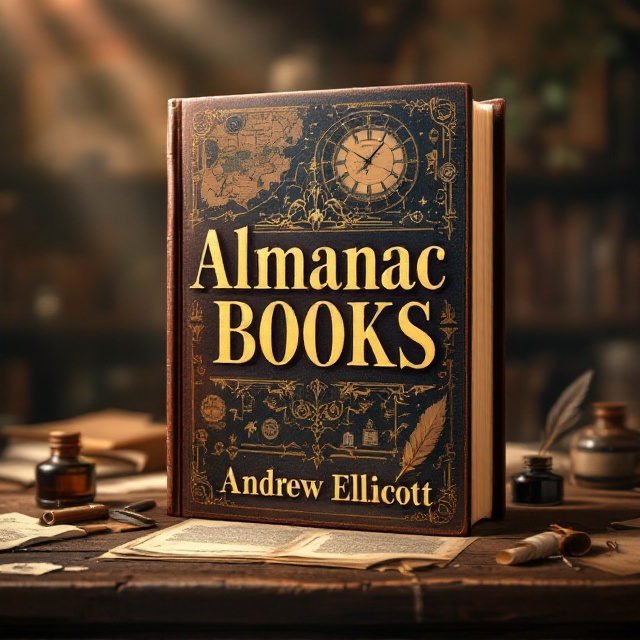 standing book mockup, Its title is "Almanac Books". Its author name is Andrew Ellicott.  The cover features a nostalgic yet vibrant illustration of an old leather-bound almanac resting on a wooden table with faint quills, parchment, and ink bottles set around it. In the background, faint historical maps and vintage clocks are softly faded into the design, symbolizing the passage of time and history. The backdrop is a gradient of bright brown blending into deep black edges for a timeless appeal, with dim rays of sunlight streaming across the composition to add a dynamic glow. The book title "Almanac Books" is written in a serif font resembling classic typewriters, with textured accents to evoke a vintage feel. The author's name, "Andrew Ellicott," is in a clean sans-serif typeface and positioned at the bottom in a muted gold color for elegance and subtle emphasis., The title is prominently centered at the top, slightly overlapping the leather-bound almanac illustration. Below the illustration, a subtitle area (optional if required) in smaller, italicized serif font is left open. The author’s name is aligned at the bottom right, balancing the layout. Decorative antique filigree lines frame the cover to reinforce the historical theme.