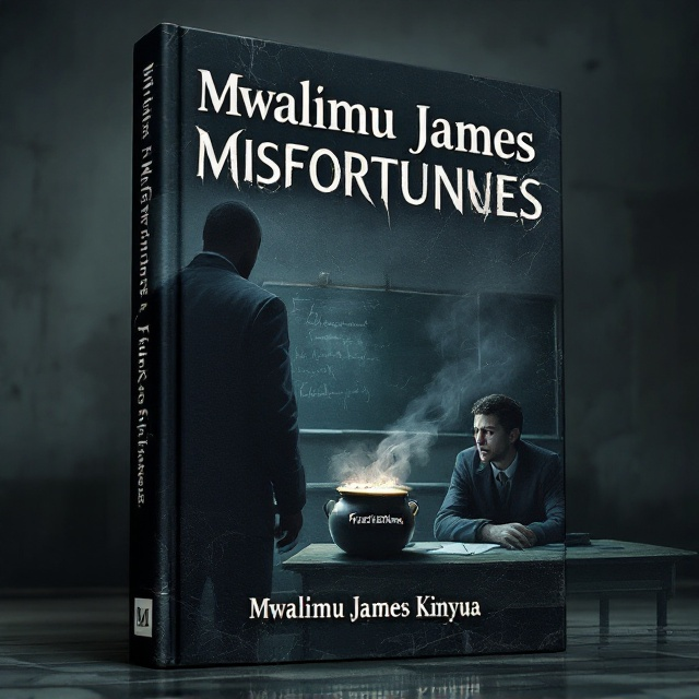 A gloomy classroom scene as the background, featuring a large, imposing guard figure in the foreground standing near a blackboard. The teacher, with a visibly sad and tired face, is seated next to the guard. A cracked and slightly glowing pot labeled "Frustrations" sits on the teacher’s desk, exuding faint smoke, symbolizing emotional and mental struggles. The classroom walls are worn and slightly dim to amplify the melancholic atmosphere.