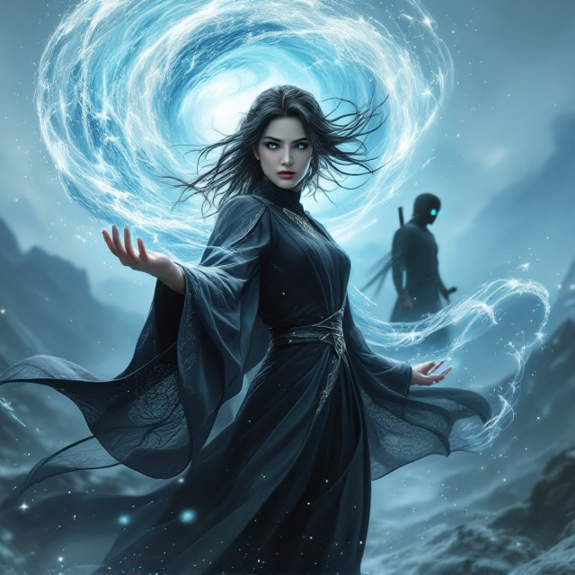 Komi stands prominently in the center, her black hair streaked with hints of silver and caught in a wild, flowing motion. Her pale gray eyes glow with soft determination as she conjures a swirling vortex of wind and water in her hands, spiraling upwards and scattering stardust-like particles around her. She wears a sleek battle tunic with flowing cape-like sleeves decorated with intricate patterns resembling waves and gusting winds. The background creates an ethereal atmosphere—a mountainous landscape fading into a misty horizon, with the futuristic city faintly visible against the diffuse bluish light of a stormy sky. The foreground is enriched by translucent layers of wind currents and water ripples around her, while in the background to her right, the protective silhouette of Trunks stands firm, sword drawn, and to her left, Zephyrion looms menacingly, shrouded in darkness and chaos, with glowing malevolent eyes.
