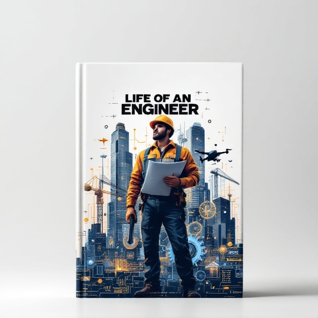 An illustrated engineer stands confidently at the center, wearing a hard hat and holding a wrench and a blueprint. Behind the engineer looms a digital skyline of tall skyscrapers, cranes, and digital screens glowing with circuits and binary. Gears and machine elements interlock artistically, blending with futuristic drones, aircraft silhouettes, and electronic wireframes. The background features gradients transitioning from white at the top to a soft gray at the bottom to create a clean yet dynamic setting.