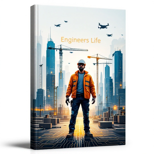 A central illustration of an engineer standing tall on a construction site, with one hand holding a laptop and the other holding a wrench, surrounded by floating holographic circuits, gears, and digital grid lines. The background will feature towering skyscrapers, cranes, and modern aircraft flying above, while smaller drones hover above the engineer. The bottom of the cover showcases a subtle gradient from a circuit board design fading into white.