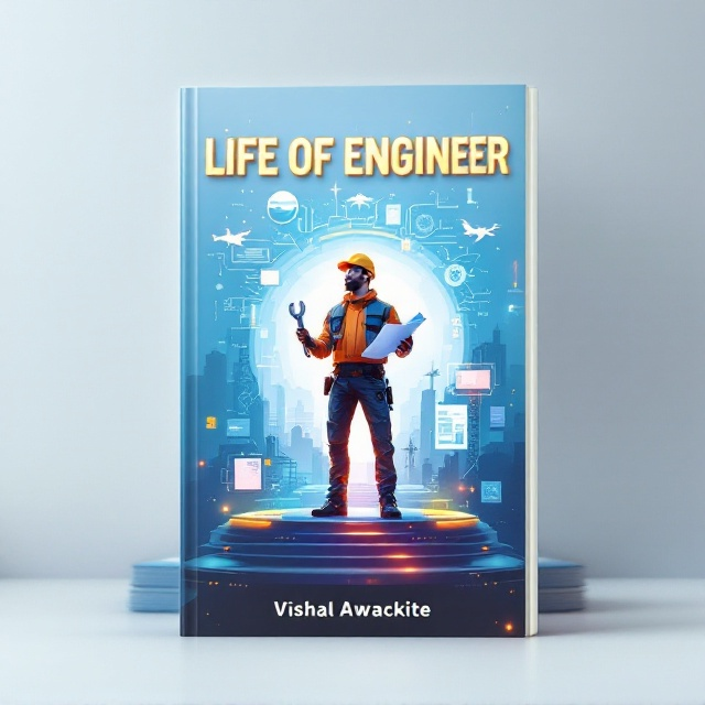 A dynamic illustration of an engineer standing on a futuristic platform surrounded by a blend of technological elements like glowing circuits, spinning gears, drones hovering in the air, a crane in motion, and aircraft silhouettes in the background. The background is a clean, gradient transition from white to soft blue, symbolizing clarity and aspiration. The engineer holds a wrench in one hand and a blueprint in the other, with holographic screens illuminated around them displaying technical diagrams.