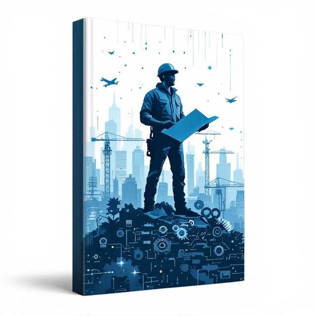 An illustration of a determined engineer standing atop a pile of tools, gears, and circuit boards, holding a blueprint in one hand and a wrench in the other. In the background, silhouettes of cranes, aircraft, drones, and skyscrapers blend with a futuristic digital screen overlay showing binary codes and circuit patterns fading into white. The foreground elements are in sharp detail with soft lighting effects to showcase motivation and inspiration.