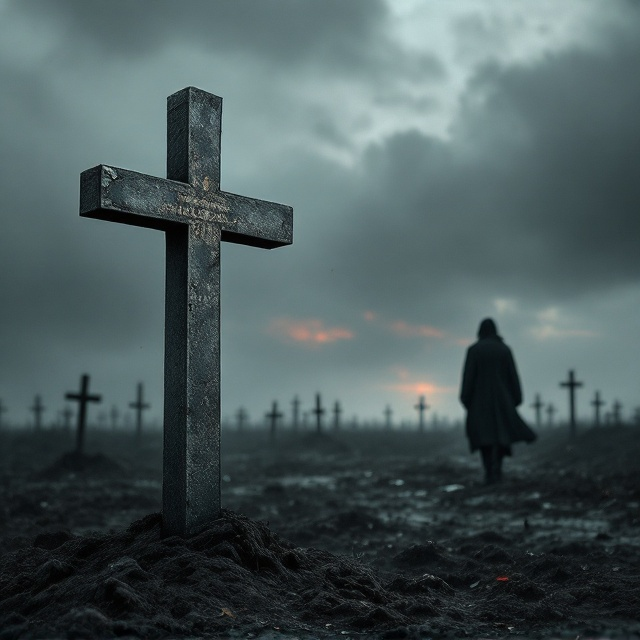 A dimly lit historical setting with a backdrop of a desolate battlefield. A large, tarnished Orthodox cross is prominently displayed in the foreground, partially buried in the dirt, symbolizing fading hope. The sky above is heavy and overcast, painted in gradients of grey with faint streaks of red, evoking sadness and brewing anger. A shadowy, solitary figure is depicted walking away in the far background, wrapped in a long coat, symbolizing estrangement.