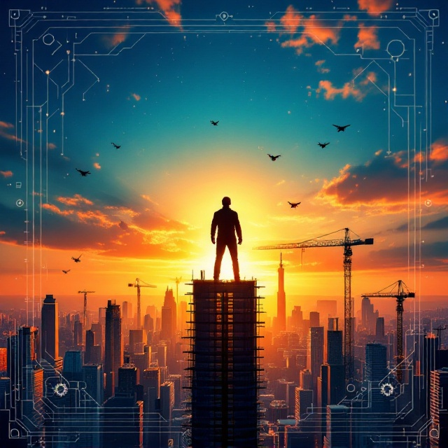 The cover features a striking silhouette of an engineer standing tall on the beam of a high-rise building under construction at the center of the composition. The vibrant gradient hues of orange, yellow, and deep blue swirl together in the sky, showcasing a breathtaking sunrise lighting up the bustling city skyline below. Skyscrapers, cranes, and drones hover subtly in the background, complemented by faint circuitry patterns running along the edges of the cover. A few gear illustrations overlay the corners, creating a mechanical motif that blends seamlessly with the blueprint designs framing the cover. The overall feel is dynamic and motivational, with a modern and futuristic undertone.