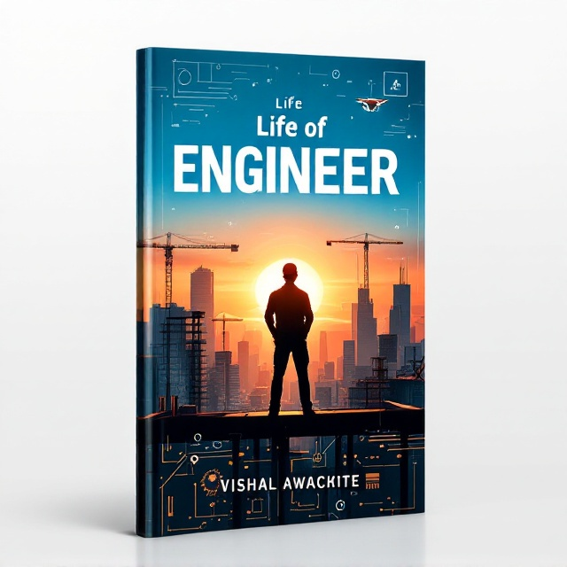 A silhouette of an engineer stands confidently on the steel girders of a high-rise building under construction, looking out at a vibrant sunrise blending warm orange and yellow tones into a gradient blue sky. The background features a bustling city skyline, adorned with cranes, partially built skyscrapers, and digital screens overlaid with semi-transparent circuit patterns. Gears and blueprint illustrations subtly line the borders while a faint holographic drone hovers in the upper corner, symbolizing innovation. The overall design emanates growth, determination, and technological advancement.