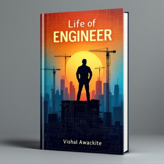 The cover features the silhouette of an engineer confidently standing atop a high-rise building under construction. The silhouette is positioned in the center, gazing toward a strikingly vibrant sunrise with gradients of orange, yellow, and blue blending seamlessly to create a motivational atmosphere. The city skyline, including cranes and partly constructed skyscrapers, fills the middle ground, symbolizing progress. Along the edges, subtle overlays of blueprint designs, circuit patterns, and gear icons create a textured layer that ties to the engineering theme. The foreground uses a slight transparency effect on the silhouette to unify it with the background visuals.