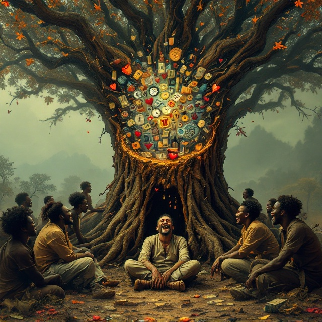 A vivid scene under a sprawling, surreal-looking tree. The foreground features a group of black people with worn, torn clothes, laughing in exaggerated expressions, mocking a disheveled man, sitting beneath the tree. His open head reveals swirling visuals of chaotic imagery—hearts for love, broken bottles for drunkenness, dollars for business, clock faces for work pressure, stick figures for family life, and lotteries for missed opportunities. At the back of the scene, there is a small but noticeable traditional guard of local brew placed near the tree’s roots. The color palette is atmospheric, with muted browns and greens for the background and bursts of colors inside the open head to convey his turbulent thoughts.