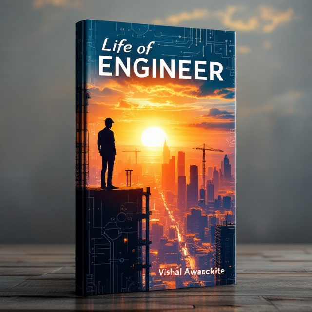 The cover features a silhouette of an engineer confidently standing on the edge of a high-rise under construction, gazing at a radiant sunrise blending hues of orange, yellow, and blue. The background showcases a sprawling city skyline with cranes and half-completed skyscrapers, enhanced with intricate blueprint overlays and faint outlines of circuits and digital schematics subtly fading along the edges. Gears are faintly engraved into the background to subtly reinforce engineering themes, while the futuristic atmosphere is maintained through the dynamic interplay of light and shadow.
