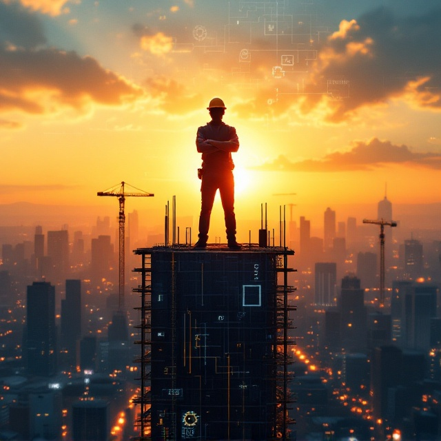 The central focus is the silhouette of an engineer wearing a hard hat, standing confidently with arms crossed atop a half-constructed high-rise building. Behind the figure, a radiant sunrise casts warm tones across the sky, blending into an urban skyline outlined with cranes and skyscrapers under construction. Along the borders of the cover, faint blueprint patterns, glowing gear icons, circuits, and digital screen fragments subtly integrate a technological theme. The city below fades into abstract tech-inspired grids that point to the future.