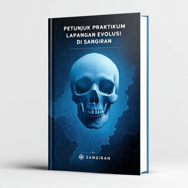 A striking, minimalist yet scientific design with a silhouette of a fossil or ancient human skull overlayed onto a map of the Sangiran area. The map fades into a gradient of blue tones, representing depth and historical layers. The background features clean, subtle topographic patterns to evoke a sense of exploration and discovery.
