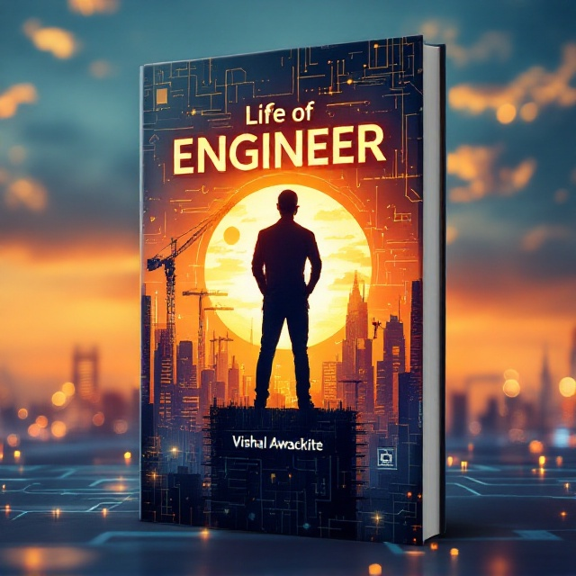 A silhouette of a confident engineer stands tall on a mid-frame high-rise building under construction. The dynamic skyline in the background features cranes, skyscrapers, and bridges, all reflecting modern innovation. A radiant sunrise with hues of orange, yellow, and blue bleeds into the scene, symbolizing hope and new beginnings. Around the borders, faint blueprint patterns, circuit boards, and gear cog icons subtly emerge, giving the design a technical and futuristic touch.