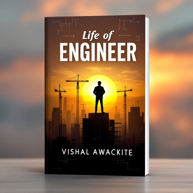 A dramatic silhouette of a lone engineer stands confidently atop an under-construction high-rise building. The figure gazes at a glowing sunrise gradient transitioning from deep orange to soft yellow against a backdrop of an evolving cityscape. Tower cranes and half-built skyscrapers dominate the middle ground, and smaller details like blueprints, circuits, and gears elegantly line the edges, adding subtle engineering motifs. The title "Life of ENGINEER" is embossed in bold white font at the top against the sky to create standout contrast, and the author’s name, "Vishal Awachite," is centered at the bottom in a sleek sans-serif font, surrounded by faint geometric blueprint patterns.