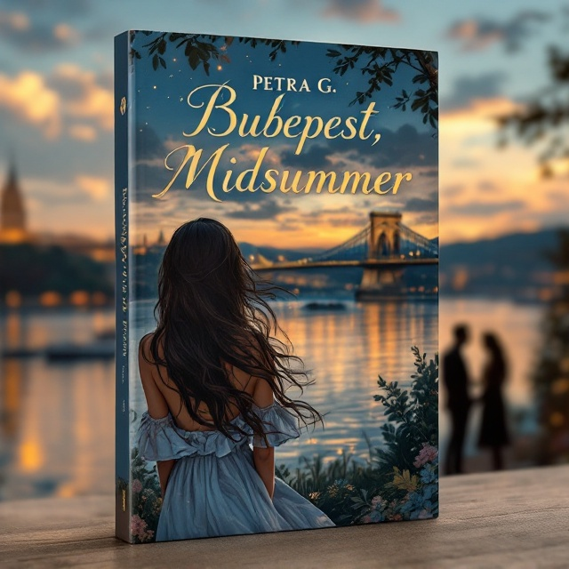A charming illustration featuring the Chain Bridge of Budapest in the twilight of a midsummer evening, with its lights glowing. The Danube river flows gently towards the foreground. A young woman with long, dark brown hair stands with her back to the viewer on the riverbank, her figure soft yet resolute. Her flowing summer dress dances subtly in the breeze. In the background, on the right side of the image, silhouettes of two men and a woman stand slightly blurred, engaged in conversation. Dreamy clouds are scattered in the evening sky, with warm hues transitioning into gentle blues.