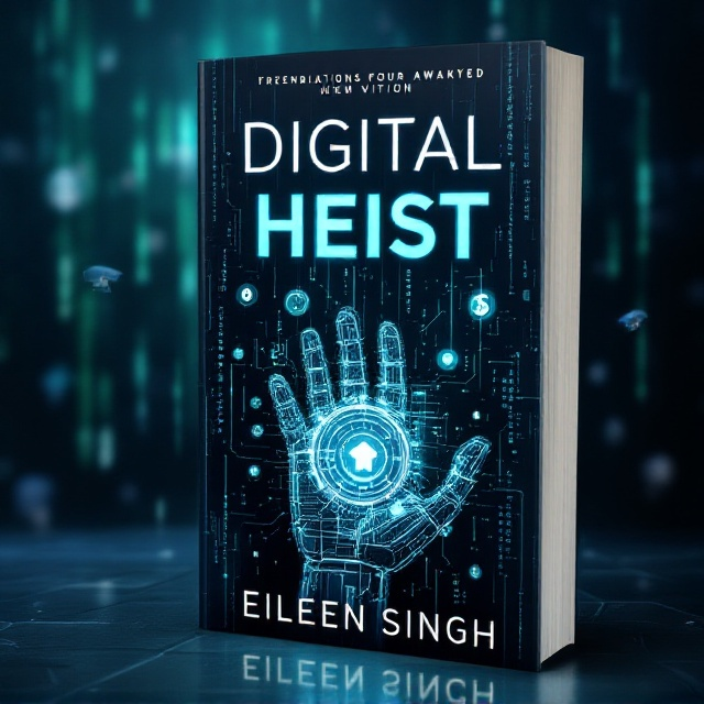 The cover features a dramatic, dimly lit high-tech scene. A glowing, humanoid AI bot made of intricate circuits and digital grids is prominently positioned in the center. The bot's hand extends, reaching into a holographic vault filled with floating, glowing currency icons (dollars, euros, and cryptocurrency symbols). The background is a blend of deep blues and black shades, interspersed with streaks of neon green and pulsating codes falling like rain, evoking a cyberpunk atmosphere. Two blurred security camera visuals enhance the feeling of suspense and unpredictability.