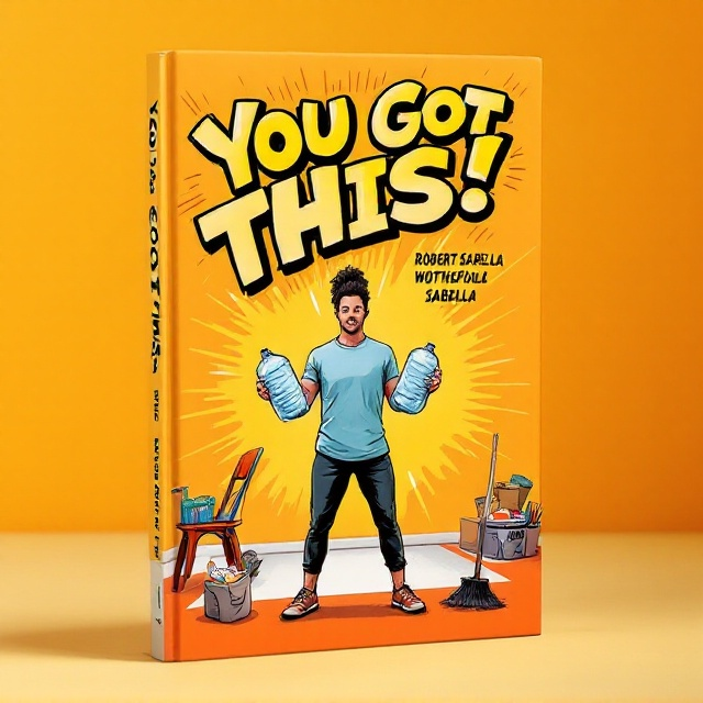The cover features a dynamic, comic-book-style illustration of a person in a brightly lit, cheerful room. They are in the middle of an at-home workout, lifting two large water bottles as improvised dumbbells. Around the character, a few objects representative of household weight alternatives, such as bags of groceries, a chair, and a broomstick used for stretching, add context. The background is orange with rays emanating outward, creating an energetic and motivational vibe, much like a superhero comic book panel. The title, "You Got This!" appears in bold, hand-drawn comic-book-style lettering near the upper third of the cover, while the author's name, Robert Sabella, is centered at the bottom.