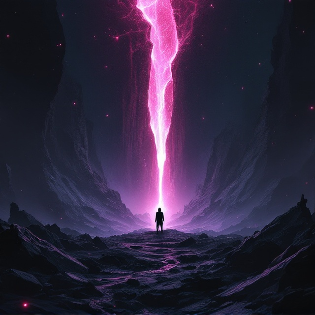 A dark, atmospheric scene is constructed with a vast expanse of blackened rubble and faintly crumbling ruins occupying the lower foreground. In the center background, a colossal glowing fissure stretches upward in jagged asymmetry, glowing with a deep reddish-violet hue that casts a surreal and foreboding light onto the mysterious surroundings. Etched faintly into the foreground rubble are glowing magical runes, their light matching the hue of the crack. The lone silhouette of a humanoid figure stands near the fissure—dark, shadowed, and exuding mystery—to draw the reader's attention to an enigmatic focal point of tension. The glowing fissure appears to pulse with energy as its centerpiece. Soft, particle-like embers float toward the edges, adding depth and movement.