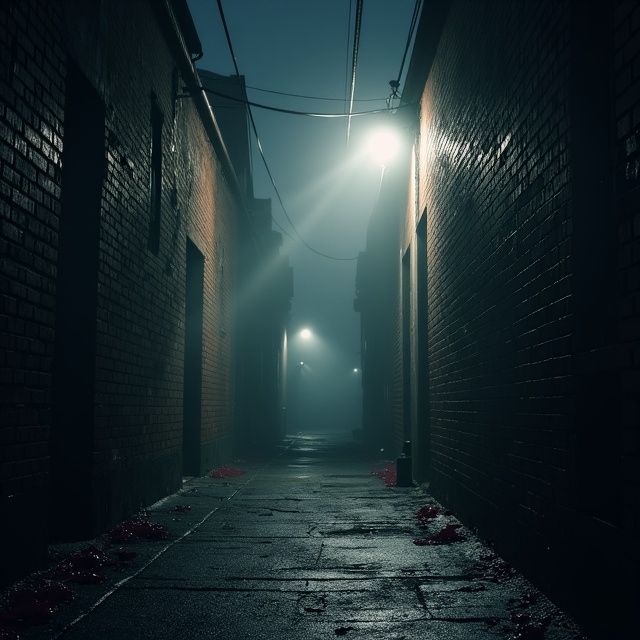 A dark, foggy alley lit by a single dim streetlight stands as the centerpiece. Shadows of figures are etched faintly into the fog, their outlines sinister and indistinct. Blood-red streaks subtly smeared across the alley’s brick walls create a mysterious tension without being overtly macabre. The background fades into darkness at the edges, amplifying focus on the central glow of the streetlight.
