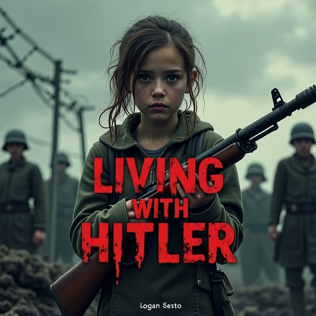 A dark, dimly lit battlefield serves as the backdrop, with barbed wire cutting across the scene and a cloudy, somber sky above. In the center, a teenage girl stands, her hair disheveled and face streaked with dirt, gripping a vintage rifle tightly in her hands. Around her, the ground is littered with blurred, shadowy bodies, suggesting a scene of tragedy and chaos. The palette primarily consists of muted, cold tones like gray, brown, and dark green, with a subtle red highlighting the rifle to signify violence and danger.