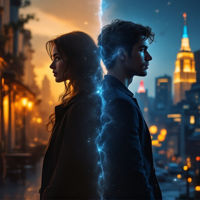 Elarae and Sky are positioned back-to-back, creating a clear divide between their respective worlds. On Elarae’s side, her background features an idyllic and distinctly French setting, perhaps cobbled streets, classic Parisian rooftops, or a café in warm tones. On Sky’s side, the background shifts dramatically to an urban New York skyline with high-rise buildings and bustling city lights in stark contrast to Elarae's softer, more serene scene. Both characters are depicted in semi-profile, with a faint visual ripple or haze dividing and connecting the two halves, symbolizing their emotional and physical distance.