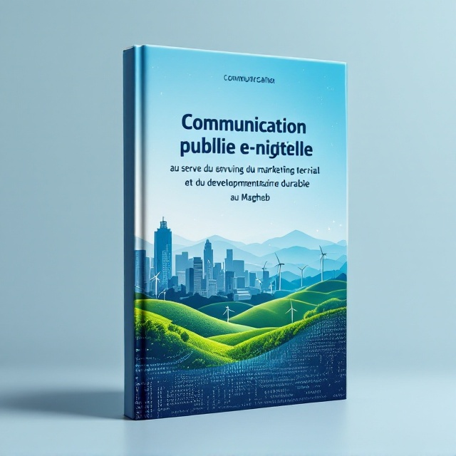 A modern and clean design with a representation of an interplay between urban landscape and natural landscapes. The background features a gradient of blue hues transitioning from a digital cityscape silhouette on one side into rolling green hills and wind turbines on the other, symbolizing the integration of technology, marketing, and sustainability. Subtle patterns of binary code overlay specific sections of the design, representing the digital aspect of communication.