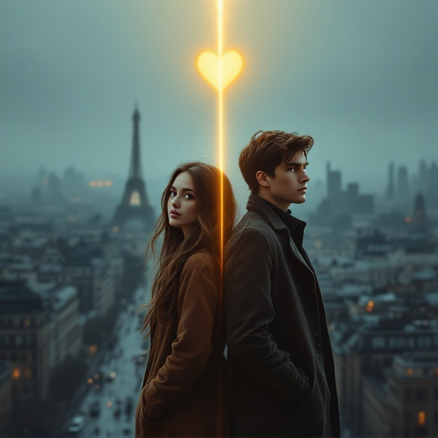A Parisian cityscape in the background fades into a hazy skyline of New York City, with the Eiffel Tower blending into the pattern of skyscrapers. In the foreground, two figures stand back-to-back but separated by a dim, glowing beam of light. The girl has long, flowing brown hair and piercing green eyes, wearing a casual yet chic Parisian outfit, holding a notebook. The boy, with dark brown hair and warm brown eyes, is dressed casually, standing with his hands in his coat pockets and gazing off into the distance. Over them looms a faint shadow shaped like a divided heart. The palette features moody blues, warm golden highlights, and soft grays to evoke emotion.