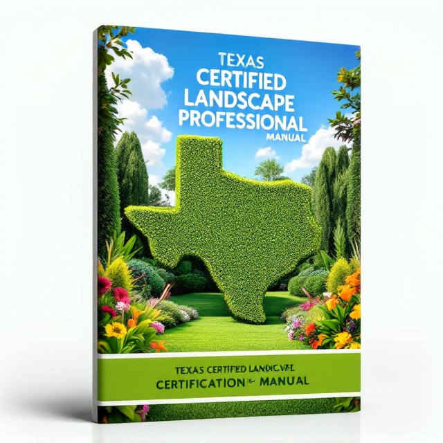 A lush, sprawling landscaped garden featuring a perfectly manicured lawn, vibrant flower beds, and a clear blue sky. The focal point is a Texas-shaped topiary in the center, surrounded by garden tools subtly embedded in the background on either side, blending seamlessly into the greenery. Subtle texture of soil and leaves in strategic areas lends a tactile and grounded feel to the design. The full color palette includes greens, browns, and floral pastels to create a warm, earthy tone.
