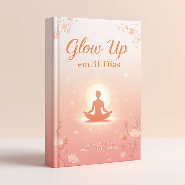 A serene and soft pastel gradient background transitioning from peach to a rosy pink, symbolizing warmth and beauty. The central focus is a minimalist illustration of a glowing, abstract outline of a woman sitting in a meditative position, surrounded by delicate botanical elements, like flowers and leaves. Subtle sparkles and glowing accents are scattered, enhancing the "glow up" theme.