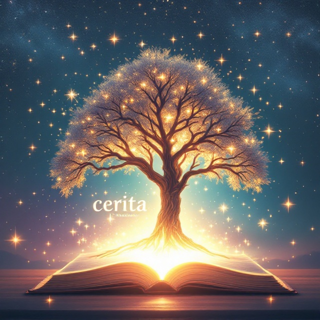 A grand, glowing tree with sprawling branches and roots serves as the central element of the cover, symbolizing interconnectedness. A luminous, open book lies at the base of the tree, filled with ethereal light that softly radiates upward. In the light, the book title, "Cerita dari Banyak Suara," is elegantly inscribed. Surrounding the tree and book, a sky full of twinkling stars gradually transitions from deep blue at the top to soft purples and greens near the ground, creating a dreamy, cosmic ambiance. Some of the stars twinkle like sparks, as if they were voices coming alive in the sky.