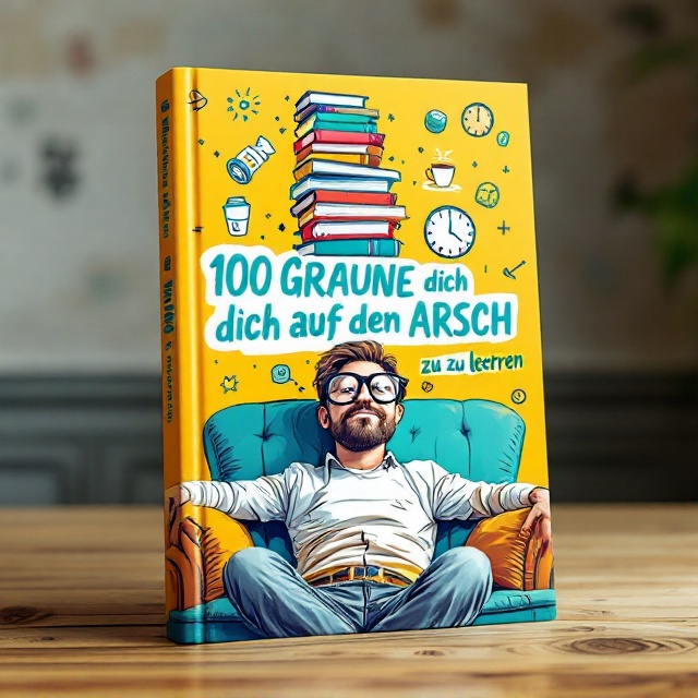 The cover features a dynamic, comical illustration of a figure lounging on a couch with exaggerated laziness, wearing oversized glasses and balancing a stack of books precariously on their head. In the background, subtle doodles of coffee mugs, motivational slogans, and clock icons appear in a hand-sketched style, adding playfulness. The colors are vibrant and attention-grabbing, dominated by bold yellows, hints of orange, and teal accents, evoking energy and motivation intertwined with humor.