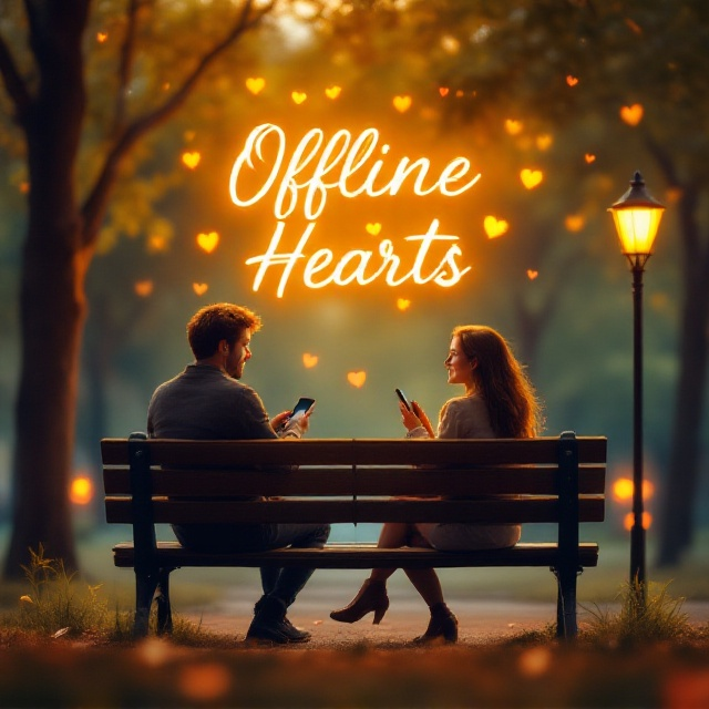 A serene park scene at dusk with warm golden tones wrapping around a green tree canopy. Two individuals—one male and one female—sit at opposite ends of a bench. Both are looking at one another, holding their phones as they smile at each other, their phones visibly powered off. The title "Offline Hearts" appears in glowing, cursive neon-like script floating just above the bench between the two people. Soft bokeh lighting forms hearts gently fading across the background like subtle whispers of love.
