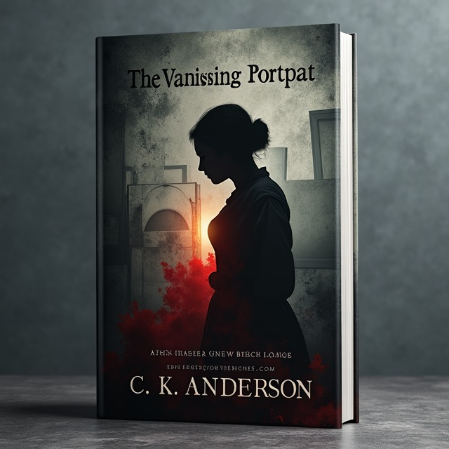 A shadowy, faded portrait is the centerpiece of the cover, half disintegrating into fog and darkness. Surrounding the portrait, indistinct outlines of old picture frames and streaks of red create a sense of urgency and danger. The backdrop is a gradient of muted grays and deep blacks, with a subtle texture resembling smudged charcoal or smoke. A single glowing light source illuminates part of the portrait, creating stark contrasts.