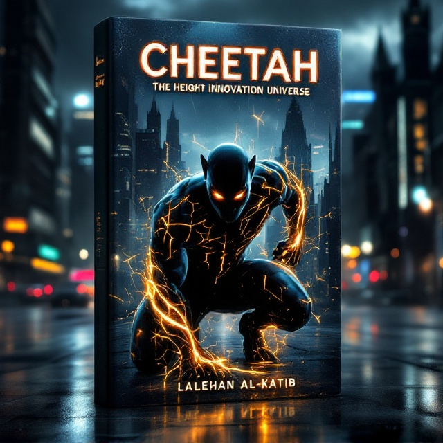 A dark, stormy urban cityscape at night serves as the backdrop. The foreground features a shadowy, intense figure of a sleek cheetah-human hybrid superhero crouched, ready to pounce. The character’s eyes glow with an electrifying amber light, and their body is highlighted with streaks of golden energy that mimic cheetah spots. Lowkey lighting with deep shadows gives the composition a brooding yet high-energy feel. Neon reflections from wet pavement add intensity and motion, while gothic architectural elements on nearby skyscrapers convey a dark and powerful atmosphere.