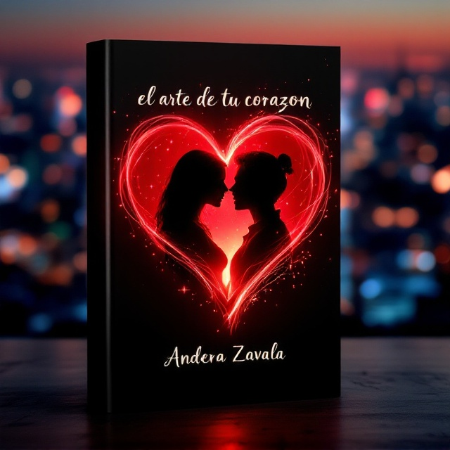 A vibrant cityscape at night with glowing lights serves as the background. Overlayed on the city is a semi-transparent red heart with soft, glowing edges, symbolizing love and passion. Silhouettes of a couple in a tender embrace are superimposed within the heart, creating a focal point. Ethereal streaks of light weave through the image, representing longing and connection. Scripted cursive text for the title appears in the center of the heart, while the author’s name is placed subtly at the bottom.