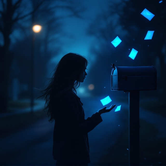 A twilight suburban street stretches into the background, enveloped in shadows. The central figure is a silhouette of an 18-year-old girl in partial profile, her hair flowing in the wind. She stands under the soft halo of a dimly glowing streetlight, which enhances her shadowy appearance. Her outstretched hand reaches toward a vintage mailbox on a wooden post, from which a faint blue glow emanates. A few strikingly vivid, iridescent blue envelopes are either emerging from the mailbox or fluttering near it, adding tension and curiosity to the scene. The colors are muted overall, with the exception of the envelopes, creating a dark yet visually striking contrast.