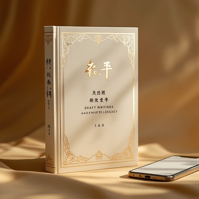 An elegant, close-up shot of a traditional hand-sewn book (线装书) with intricate gold-foiled details on the cover perched on a textured, warm-toned paper backdrop. The book fills the majority of the frame, showing its thickness and exquisite edge stitching. To its side, a softly lit modern smartphone is placed, showcasing an organized digital screen with draft writings and voice notes, positioned in sequential order that visually narrates the transformation from oral storytelling to written legacy. Faint ripples of handwritten notes and calligraphy elements subtly overlay the background to create depth and an emotional connection.