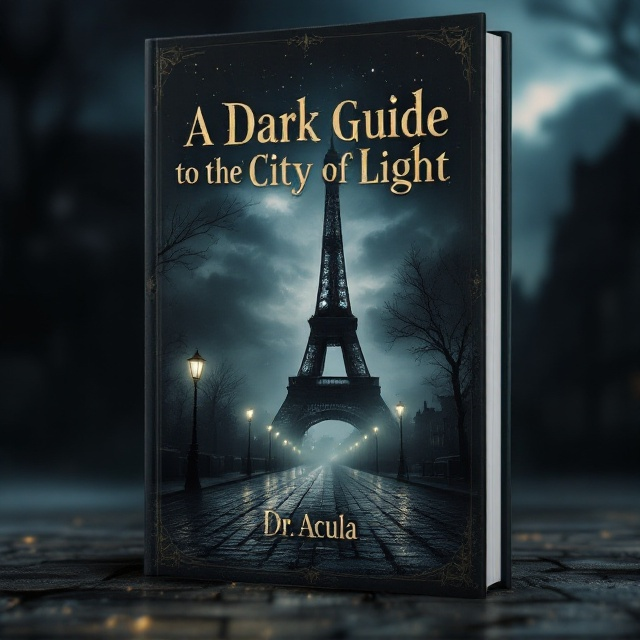 The cover presents an ominous nighttime cityscape of Paris with a shadowy and partially obscured Eiffel Tower emerging from swirling mists. Dim streetlights cast long shadows over wet cobblestones, creating an eerie glow. A darkened, gothic-style sky looms overhead with hints of faint stars barely cutting through. Subtle silhouettes of old Parisian rooftops line the bottom edge. The entire design is rich in muted shades of black, charcoal gray, and deep midnight blue with hints of pale gold highlights to add contrast.