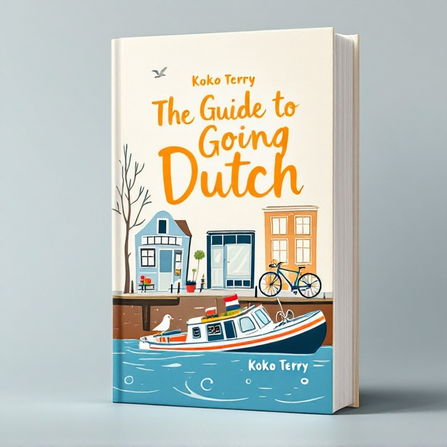 A whimsical illustration of an Amsterdam canal scene dominates the cover. A crooked canal house leans slightly to one side on the background, with bicycles parked against its facade. A vibrant, sinking canal boat is half-submerged in the water, with a tiny, fluttering Dutch flag on its stern. Soft blue and cream tones create a calming yet slightly humorous atmosphere. Light-hearted details, such as a seagull perched on the sinking boat and whimsical swirls in the water, add a playful touch.