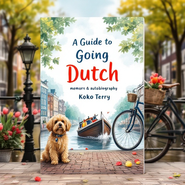 The cover features a whimsical illustration of Amsterdam’s iconic canals in the background, with vibrant watercolor-style blues, greens, and browns. In the foreground, a slightly caricatured tan Lhasa Apso sits serenely on the cobblestone edge of the canal, its leash loosely curled next to it. A tilted, partially sunken canal boat is humorously splashing water in the middle of the canal, surrounded by floating tulips. Several classic Dutch bicycles lean slightly haphazardly against a wrought-iron railing, with one bike featuring a broken wheel to add a humorous, cynical touch. The overall art style is warm, playful, and slightly sketch-like, with lighthearted details.